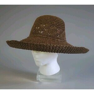 BOHO Crocheted Straw Paper Beach/Garden Sun Hat Brown Floppy Wide Brim Vtg 90s
